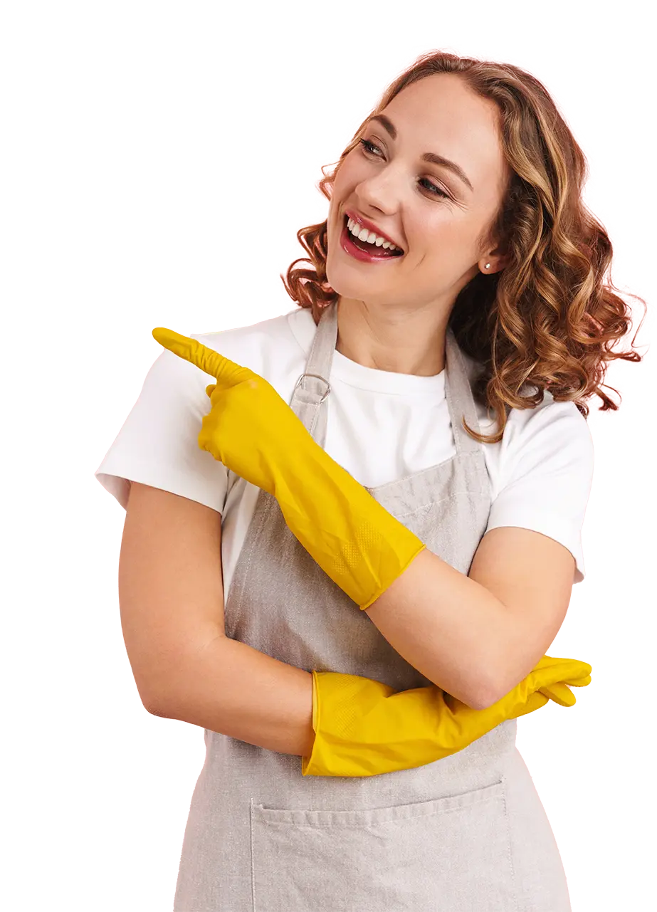 Reinigungsdame zeigt auf die Leistungen